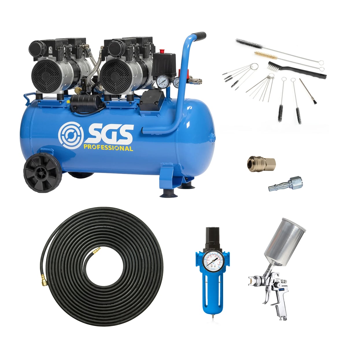 SGS 50 Litre Pro Silent Air Compressor With HVLP Spray Gun, Filter Regulator & Hose – 9CFM 2HP 50L
