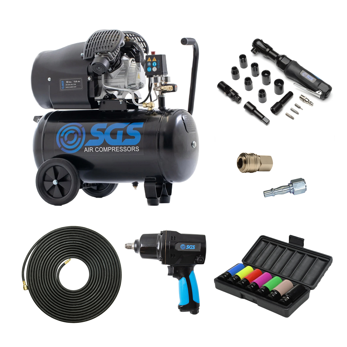 SGS 50 Litre V‑Twin High Power Air Compressor With 880Nm Impact Wrench & Ratchet Kit – 13.8CFM 3HP 50L