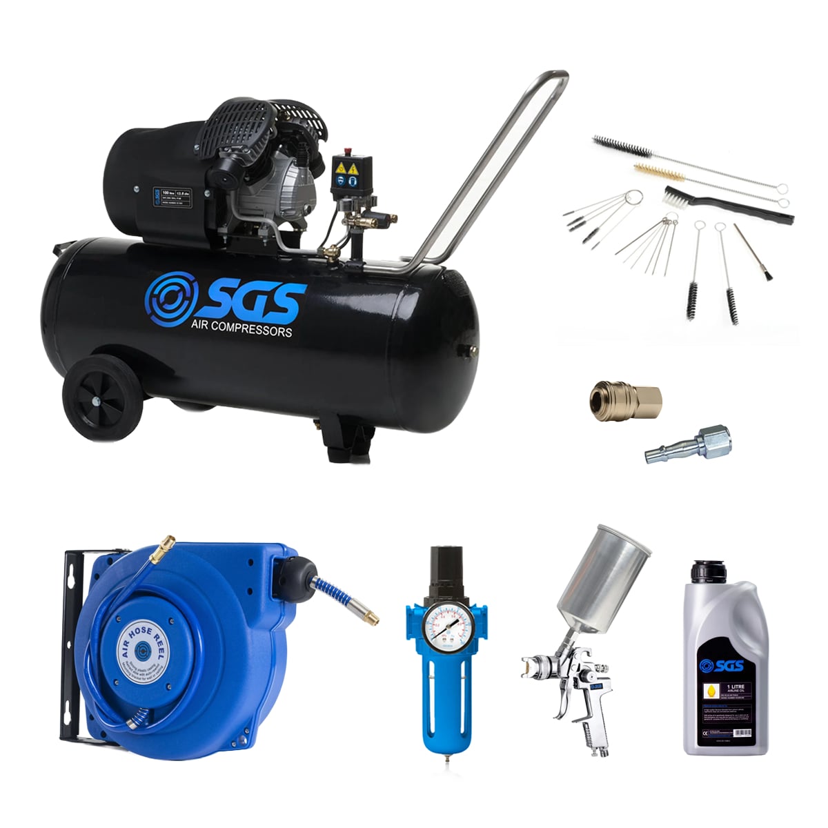 SGS 100 Litre V‑Twin High Power Air Compressor With HVLP Spray Gun & Retractable Hose Reel – 13.8CFM 3HP 100L