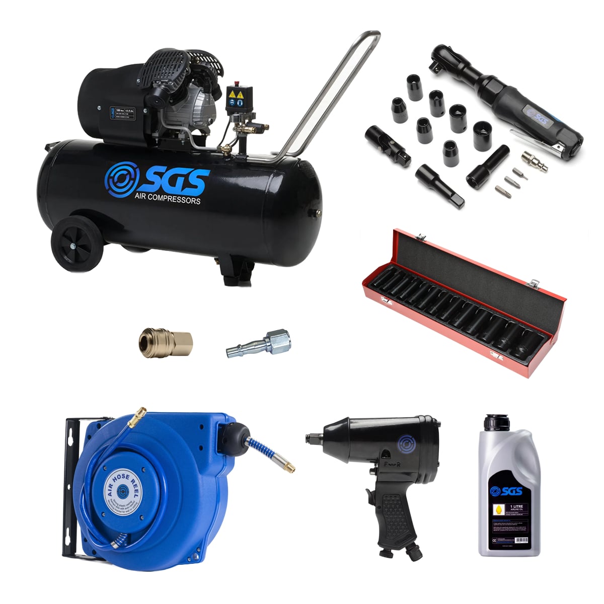 SGS 100 Litre V‑Twin High Power Air Compressor With Impact Wrench, Ratchet Kit & Hose Reel – 13.8CFM 3HP 100L