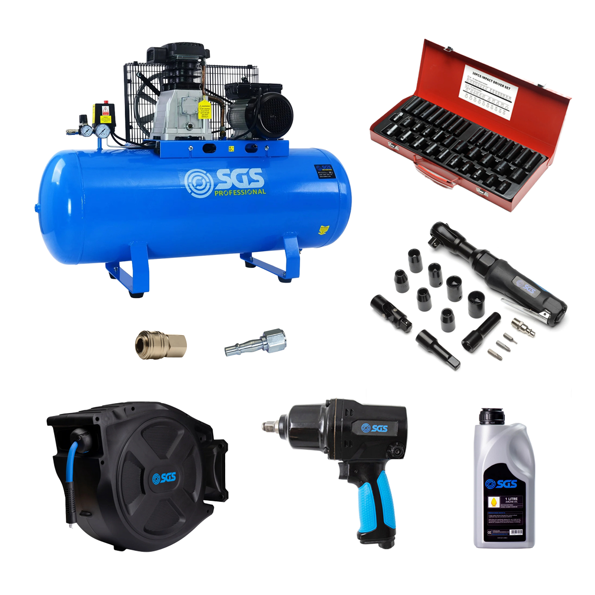 SGS 150 Litre Pro Belt Drive Air Compressor With 880Nm Impact Wrench, Ratchet Kit & 20m Hose Reel – 14CFM 3HP 150L