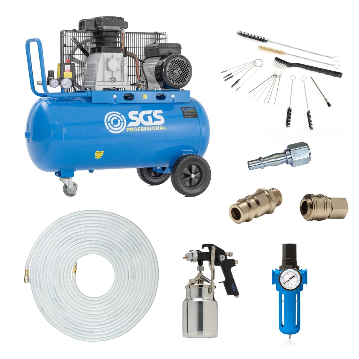 SGS 90 Litre Pro Belt Drive Air Compressor With HVLP Spray Gun, Filter Regulator & Hose – 14CFM 3HP 90L