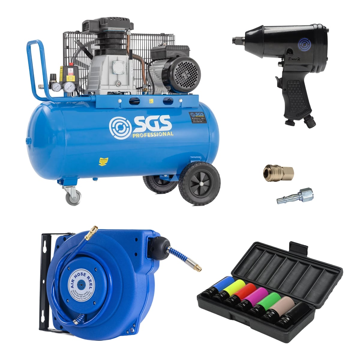 SGS 90 Litre Pro Belt Drive Air Compressor With Impact Wrench & Retractable Hose Reel – 14CFM 3HP 90L