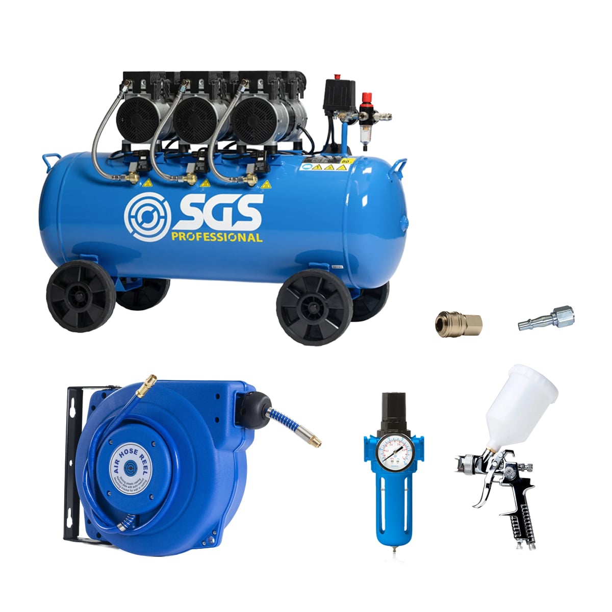 SGS 100 Litre Pro Silent Air Compressor With HVLP Spray Gun & Retractable Hose Reel – 13.6CFM 3HP 100L