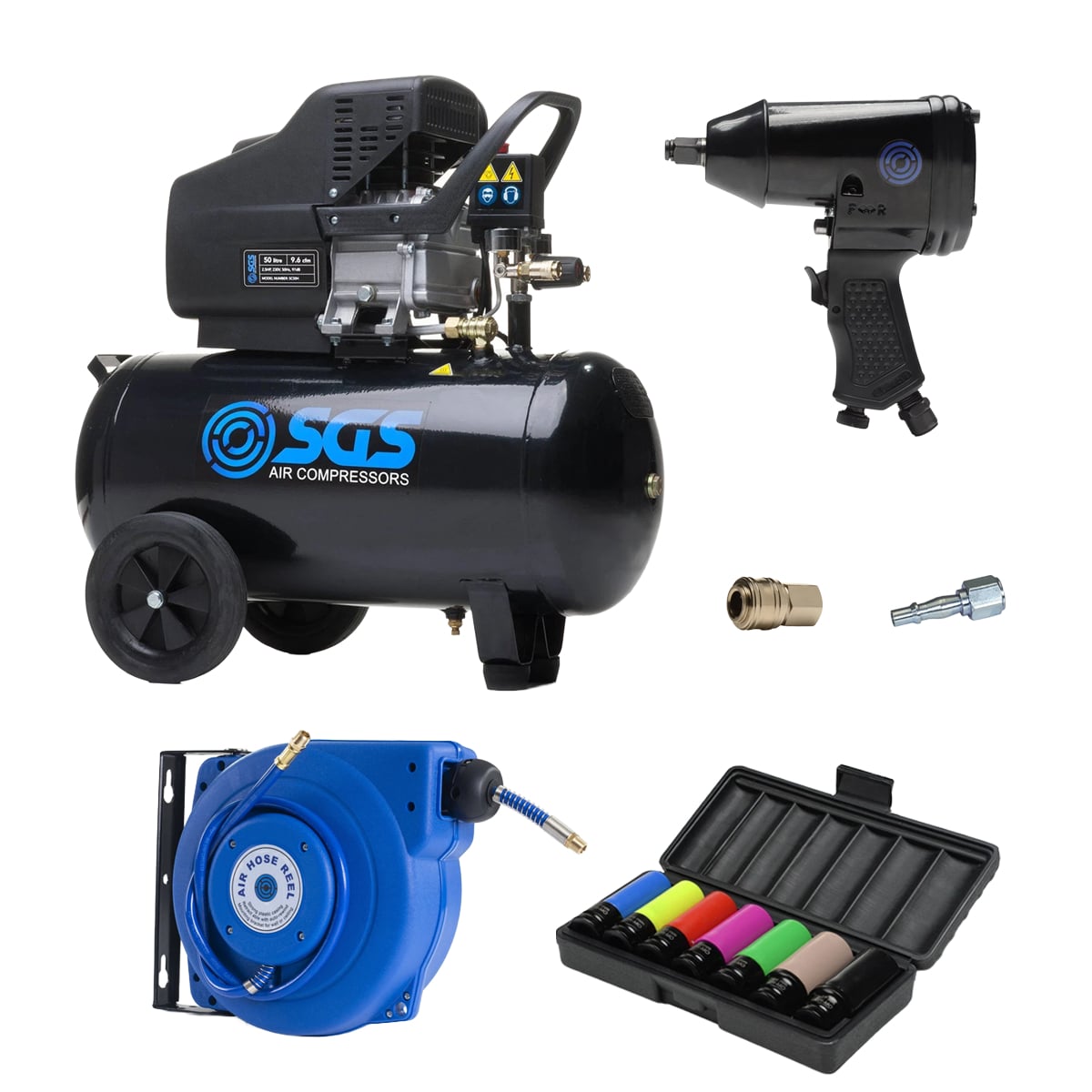 SGS 50 Litre Direct Drive Air Compressor With Impact Wrench & Retractable Hose Reel – 9.6CFM 2.5HP 50L