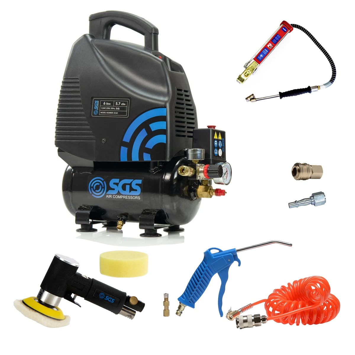SGS 6 Litre Oil‑Less Air Compressor With Blow Gun, Tyre Inflator & Coil Hose – 5.7CFM 1.5HP 6L