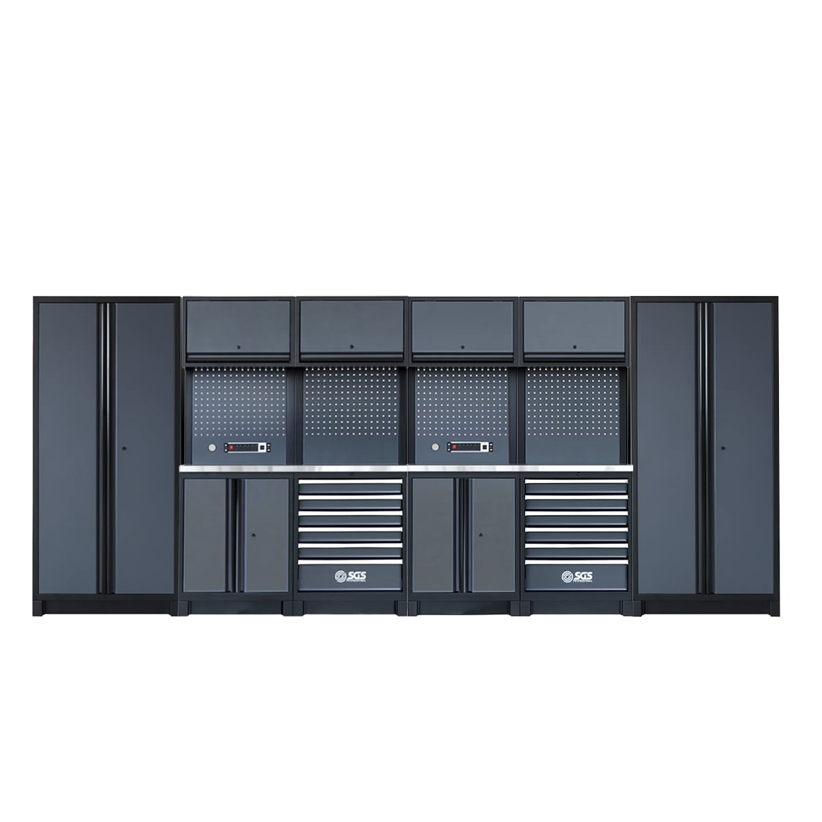 Heavy Duty Garage Storage System | Dual Powerstrip Cabinets | Dual Tall Double Cabinets